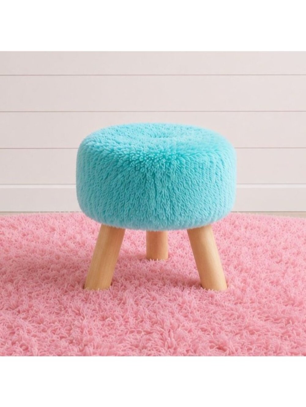 Aqua Faux Fur Kids Stool Princess Bedroom 11 Inch Kawaii Decor Footrest Seat